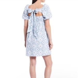 ANTONIO MELANI Light Blue Lace Square Neck Puff Sleeve Dress